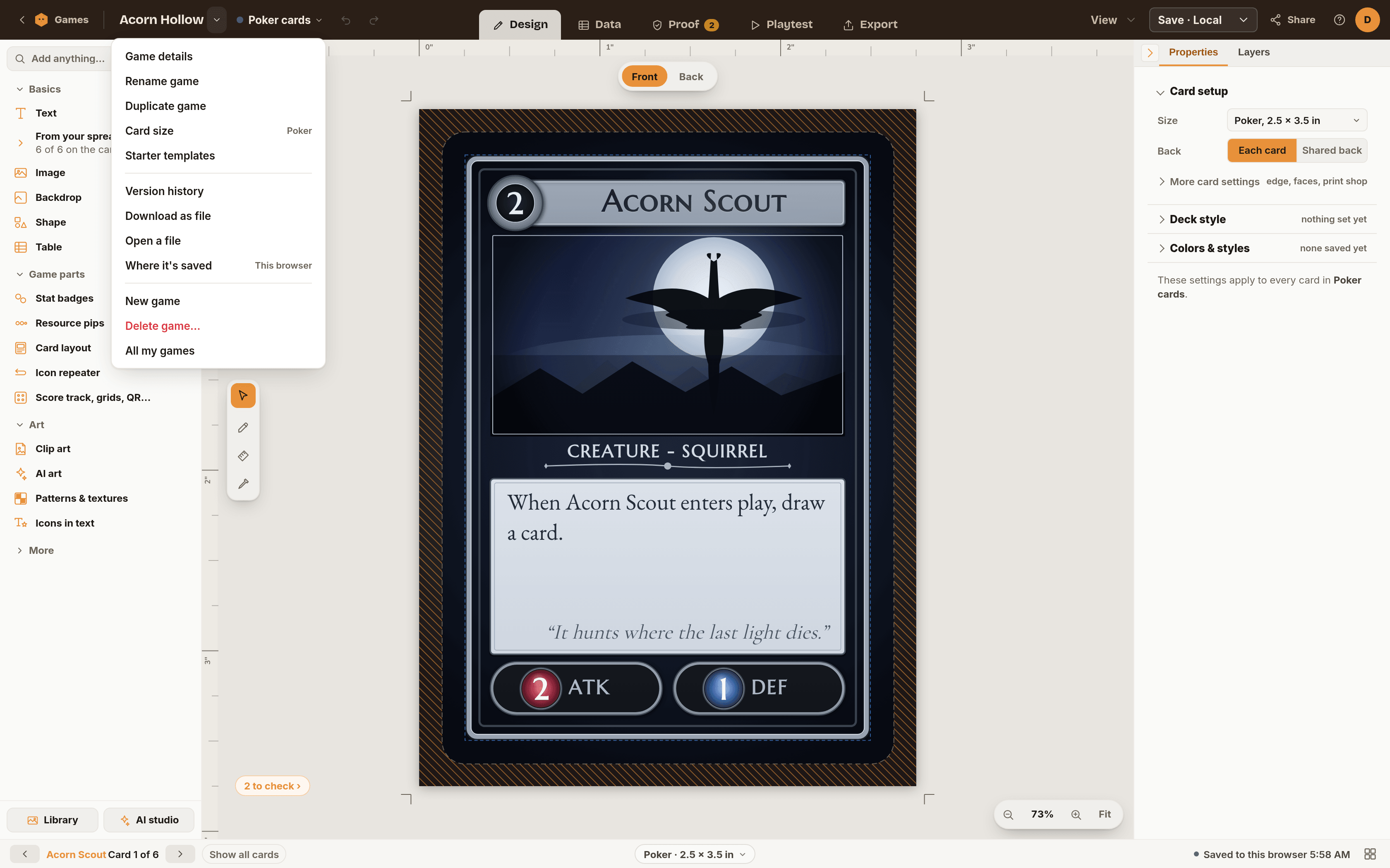 The Game menu open in the editor band with Where it is saved highlighted and, beside it, the place the game lives (here This browser)