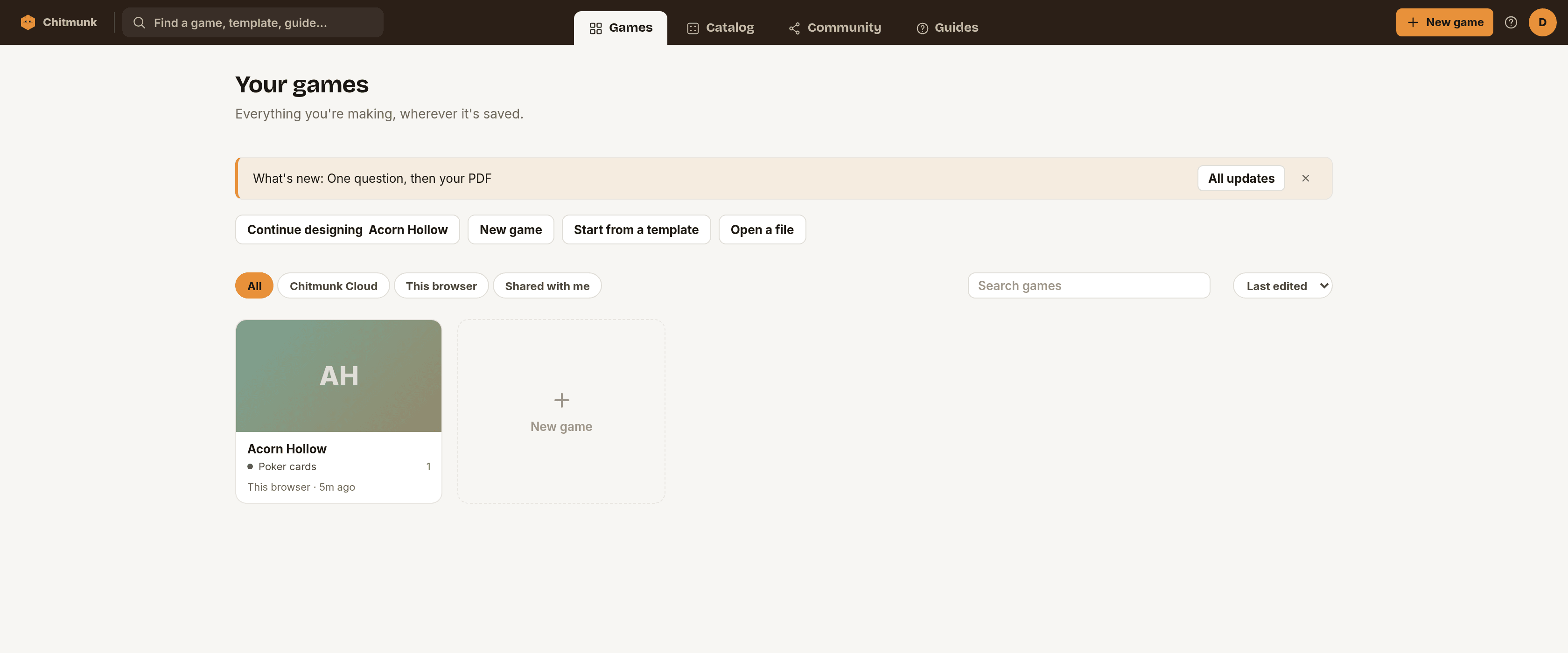 Your games page with tabs for All, Chitmunk Cloud, This browser, Shared with me and Trash, and an Open a file button at the top right