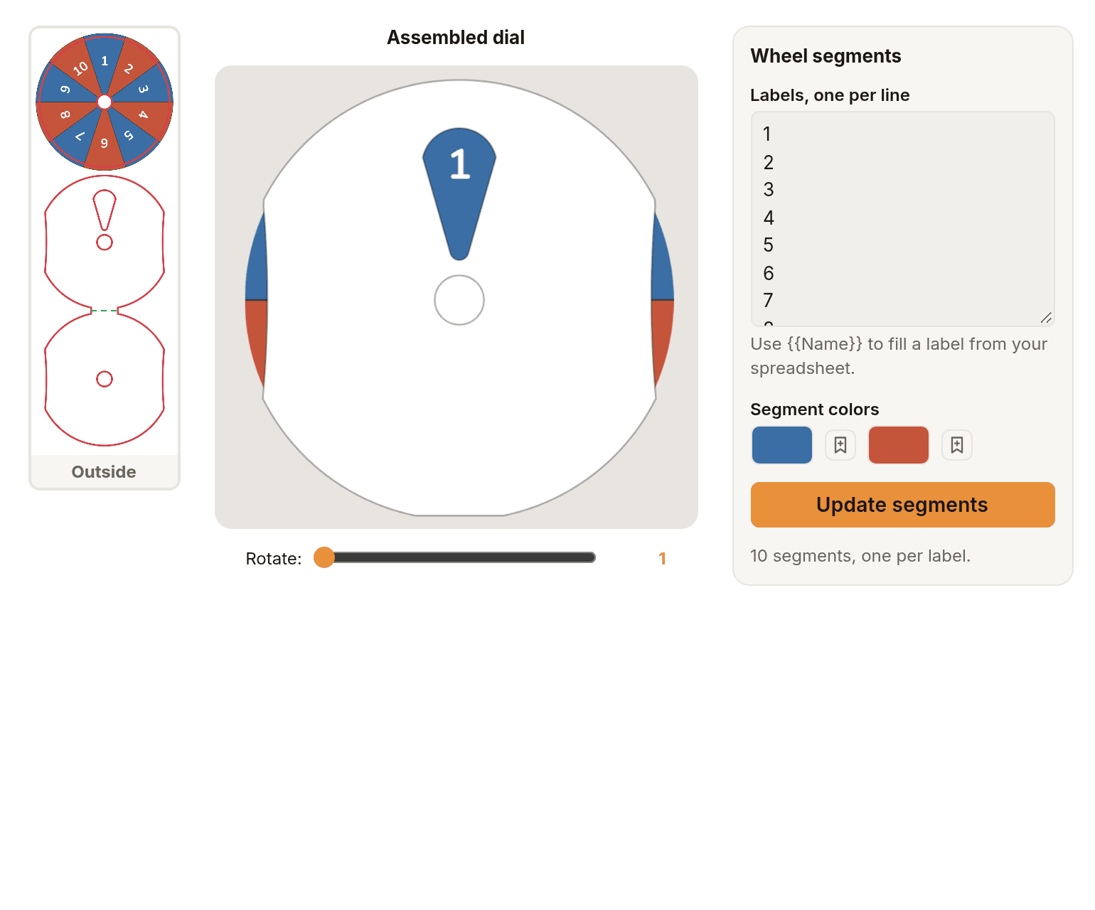The Dial Designer with a ten-segment wheel on the sheet at the left, the assembled dial showing the number 1 in its teardrop window in the middle, and the Wheel segments panel at the right with labels 1 to 10, two segment colors and the Update segments button