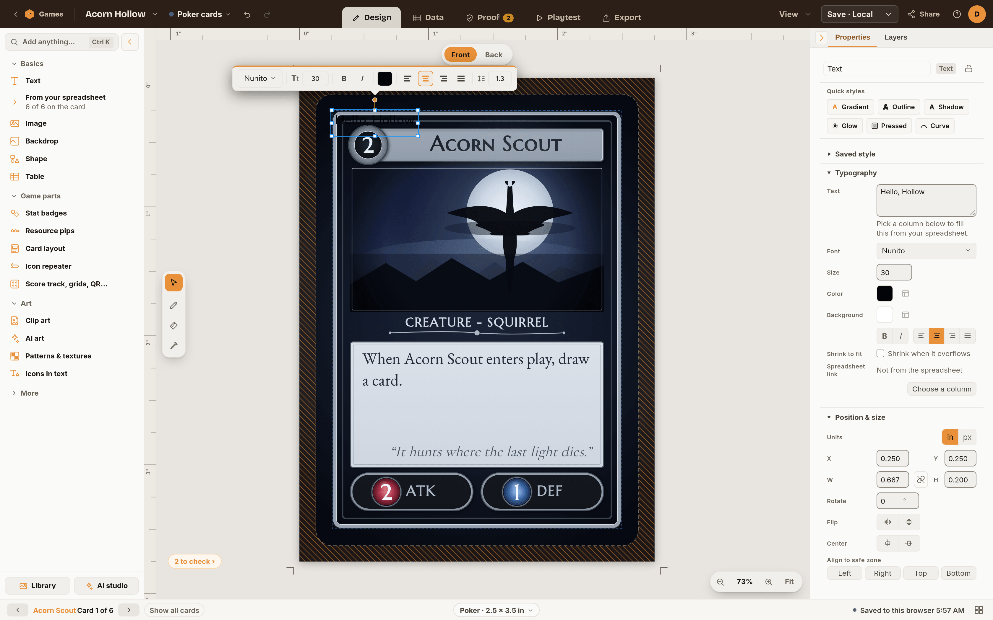 A new text box selected on the card, with a floating toolbar above it for font, size and alignment and the text settings in the properties panel on the right