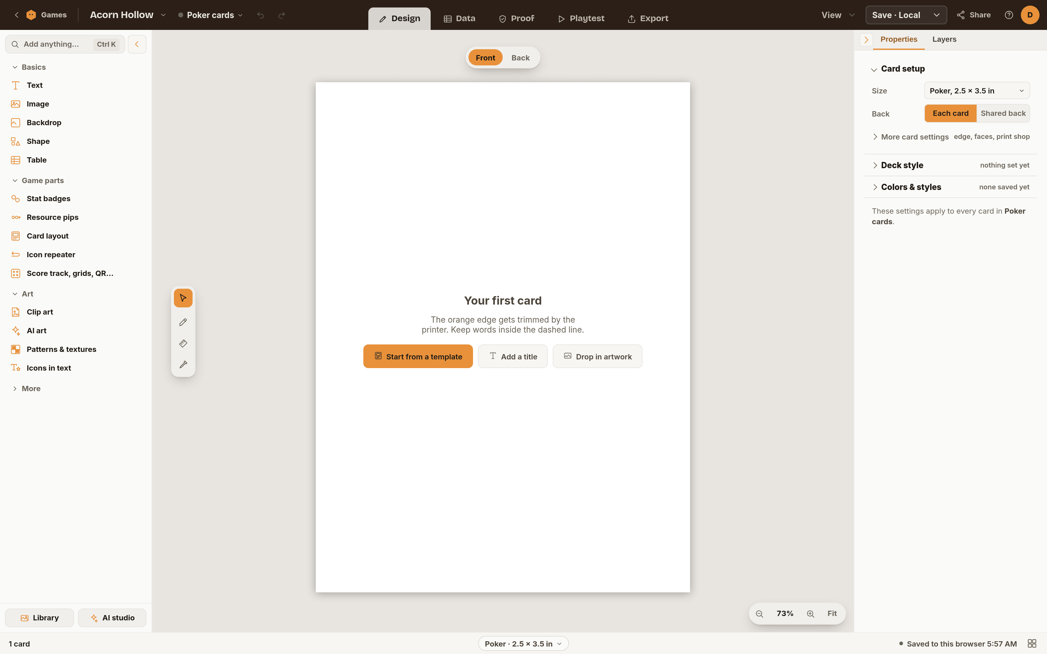 The editor on a new game showing an empty card with the Your first card message and the Start from a template, Add a title, and Drop in artwork buttons