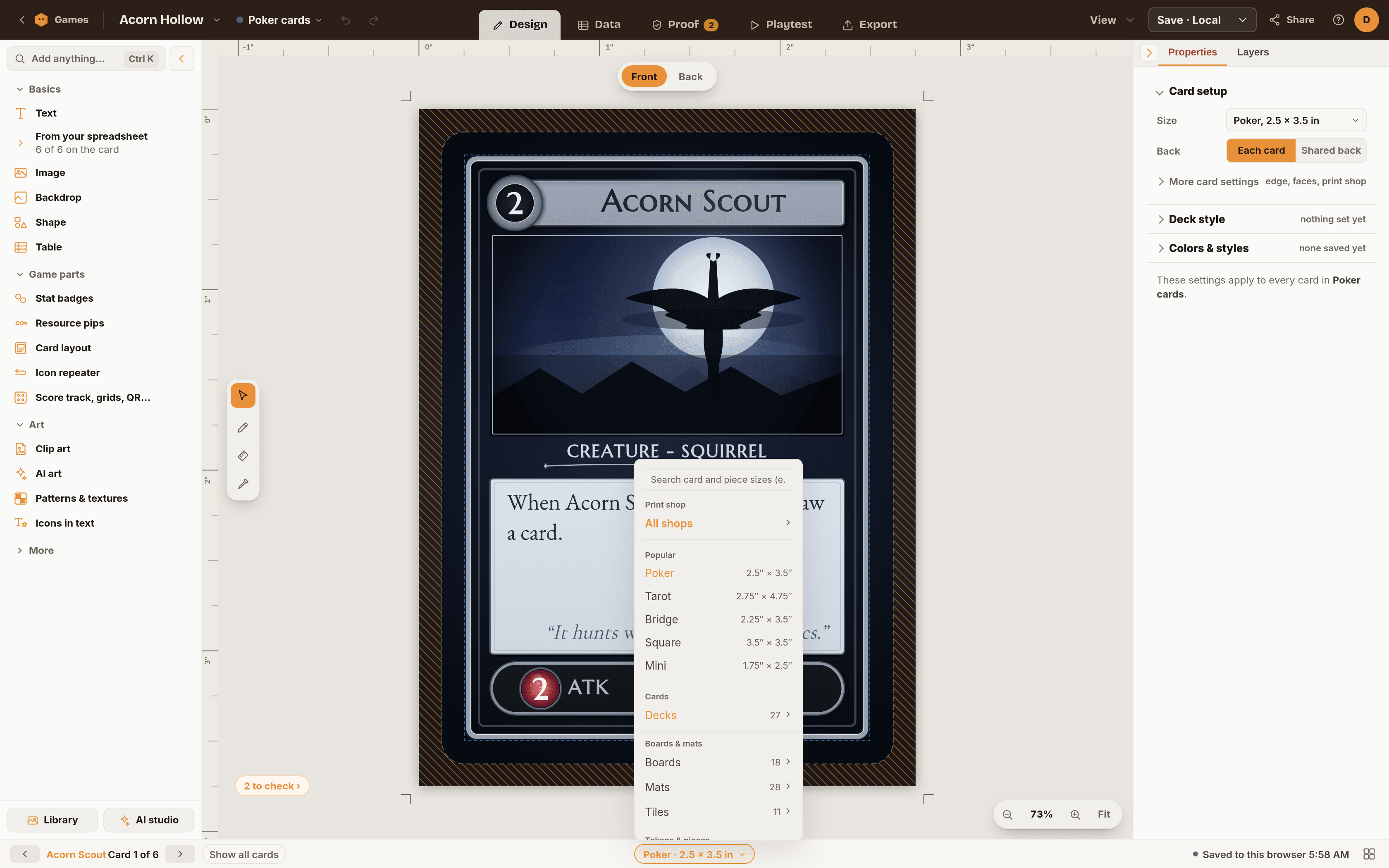 The Card size picker open under the game name, with a search box at the top and sizes grouped under Cards, Boards and mats, and Tokens and pieces
