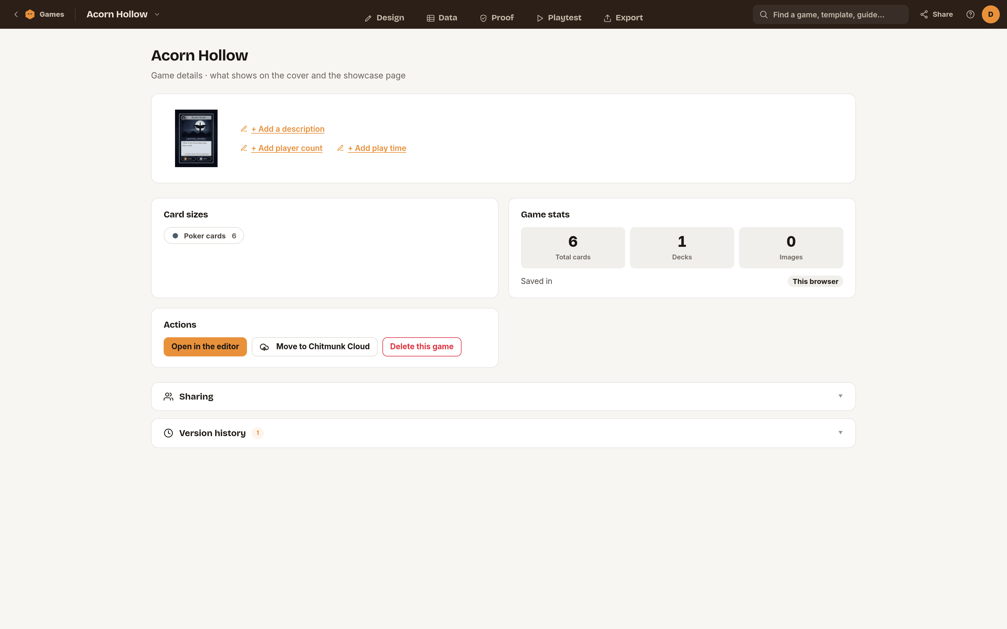 The Game details page with a cover square, description, players and play time fields, totals for cards, decks and images, and an Actions box with Open in the editor