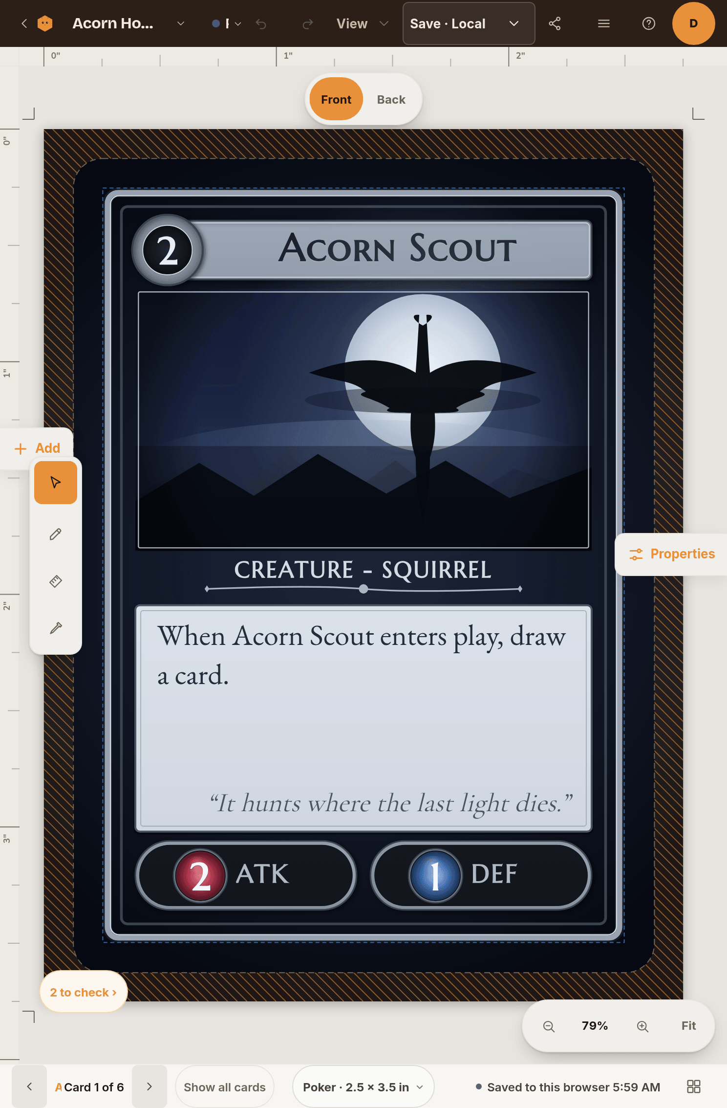 The editor on a tablet held upright with a card filling the screen and two buttons at the screen edges labelled Add and Properties