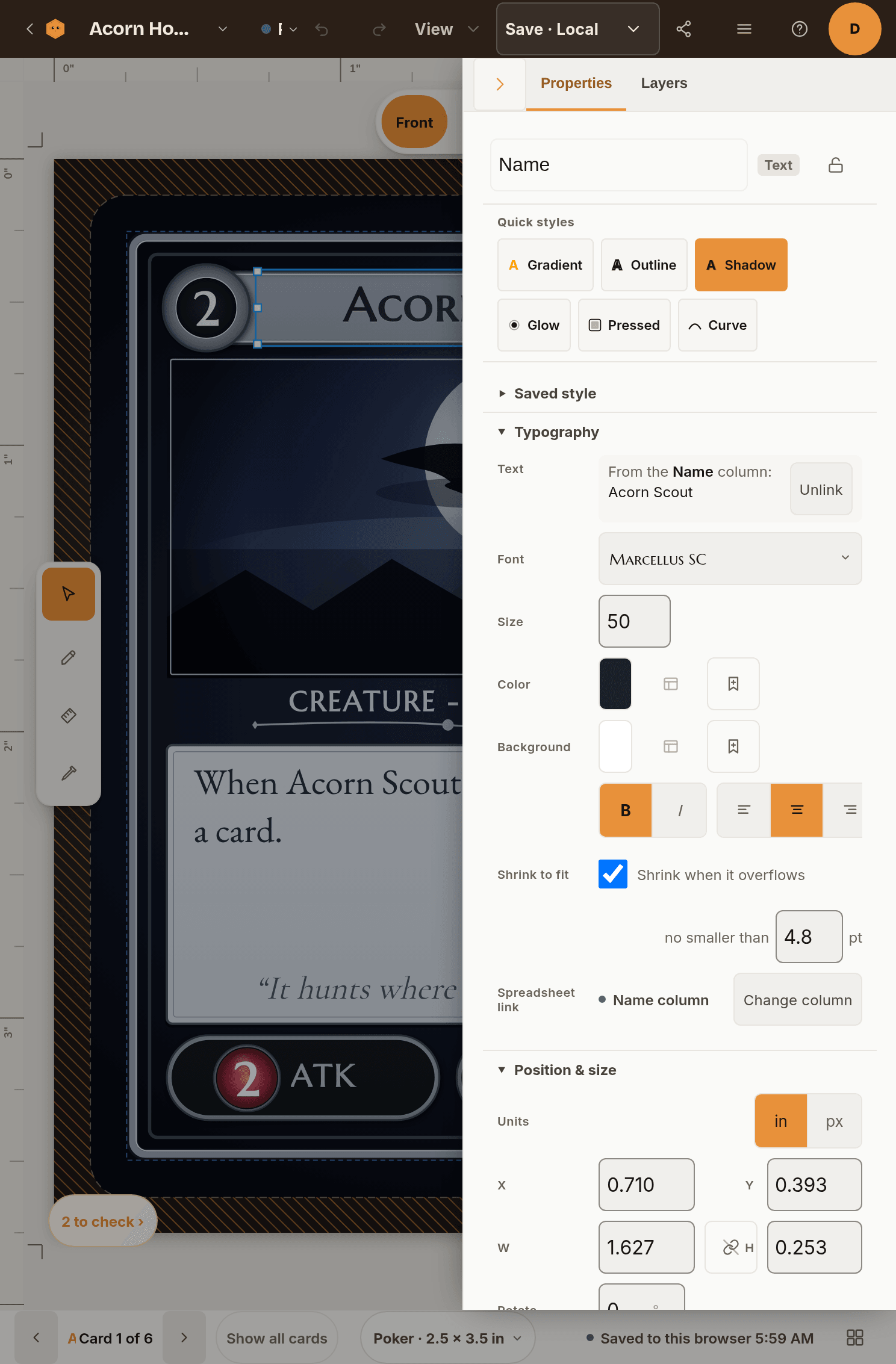 The Properties panel slid over the right side of a tablet screen, with a text box selected on the card and the dimmed card visible on the left