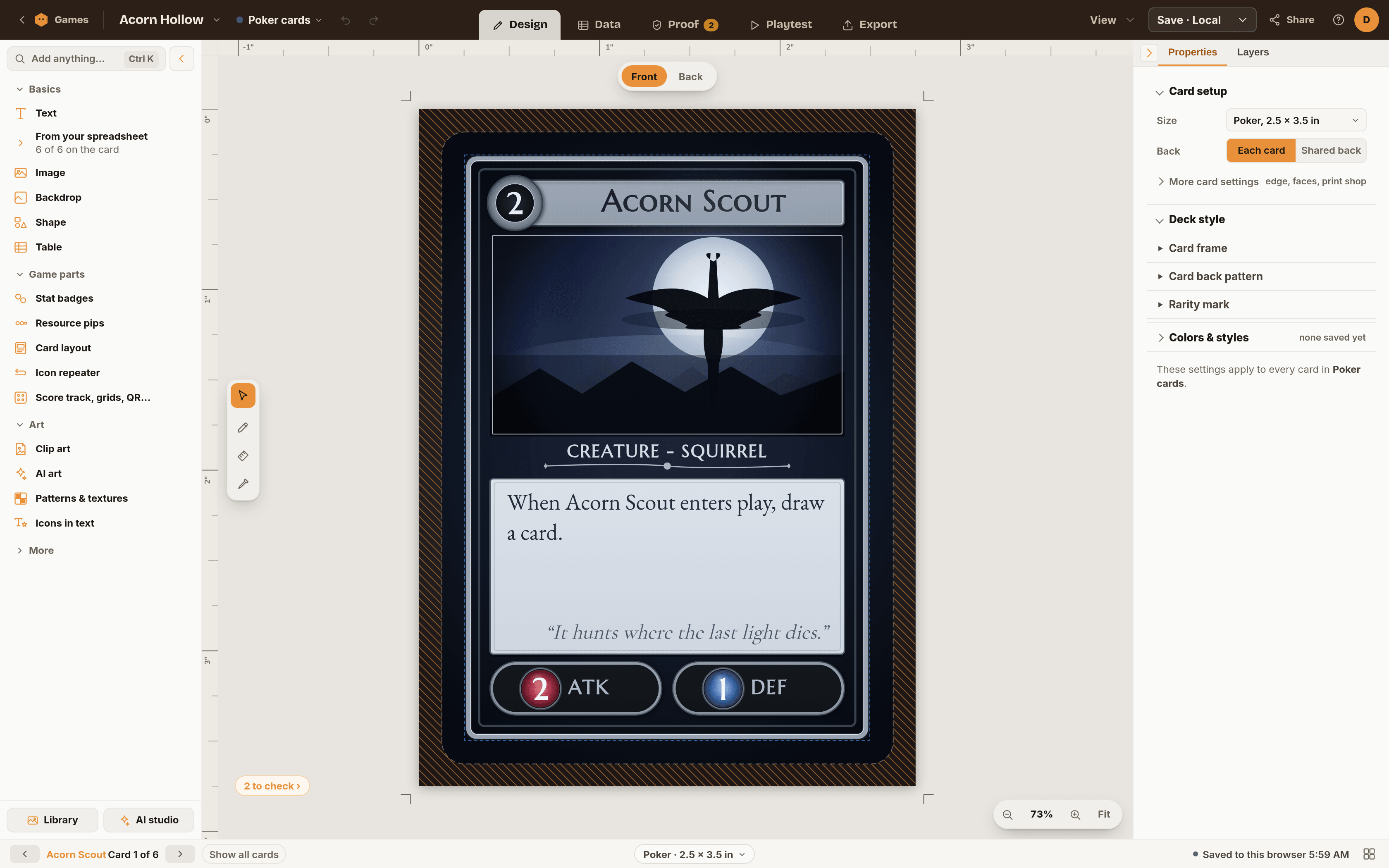 The inspector with nothing selected, showing Card setup, Deck style opened to Card frame, Card back pattern and Rarity mark, and a closed Colors and styles section