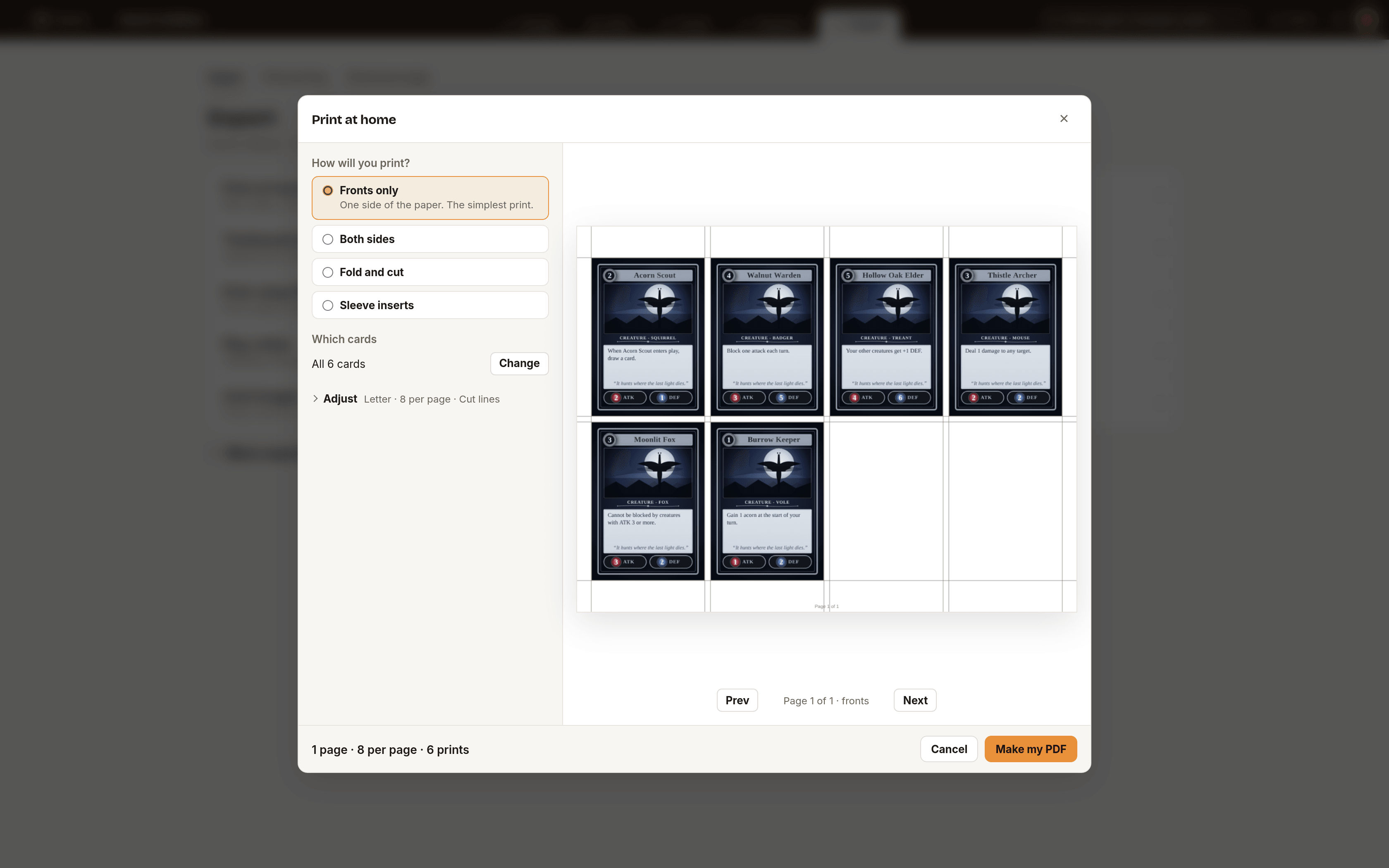 The Print at home dialog with the question How will you print and four choices, a preview of the first page of cards, and a footer showing pages, cards per page and prints