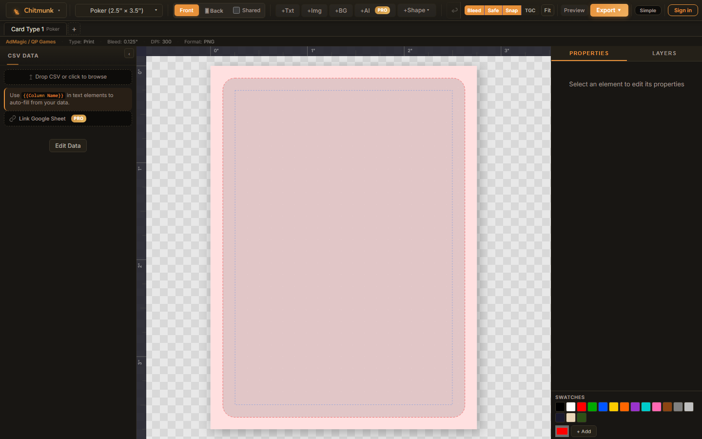 Chitmunk editor showing the toolbar, tool strip, canvas with bleed zones, properties panel, and layers panel